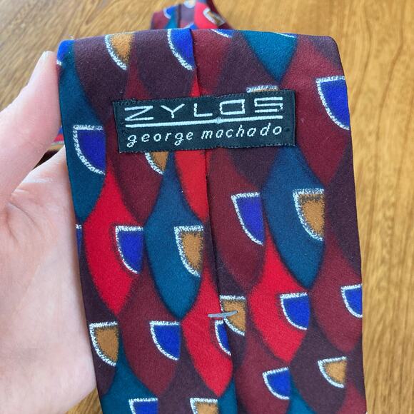 Vintage Zylos George Machado 100% Silk Multicolor Geo Print Tie Funky Retro - Picture 4 of 7